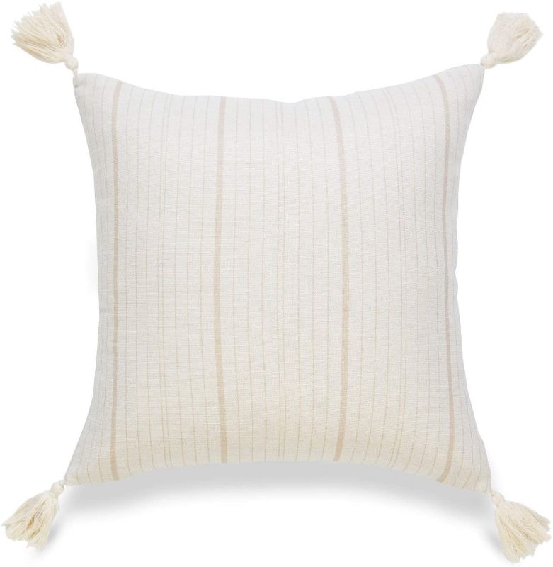 Photo 1 of 2PACK - Hofdeco Coastal Decorative Throw Pillow Cover ONLY, for Couch, Sofa, or Bed, Taupe Stripe Tassel, 18"x18"
