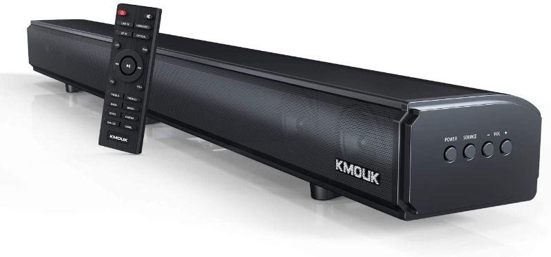 Photo 1 of KMOUK Sound Bars for TV, Soundbar 2.1CH with Built-in Dual Subwoofers, Soundbar with 6 Speakers, 4 Equalizer Mode Bluetooth 5.0, HDMI ARC/Optical/AUX Connection, Wall Mountable Soundbar Home
