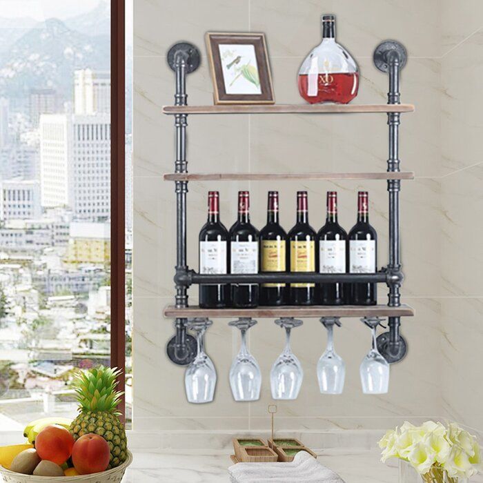 Photo 1 of 35.07" H x 24.03" W x 7.88" D Beeyah Wall Mounted Wine Bottle & Glass Rack in Black/Brown