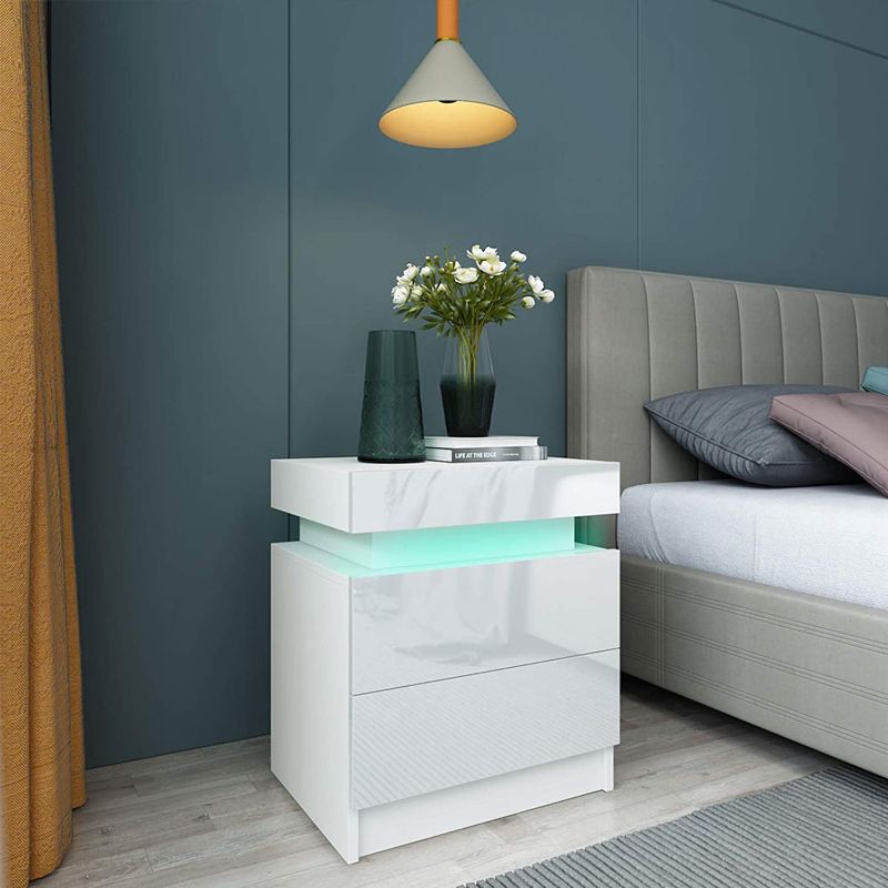 Photo 1 of Bedside Table, Colorful LED Light Decorative Satined Glass Bedside Table Large Capacity Storage Cabinet with 2 Drawers for Bedroom Living Room White,17.7 x 13.9 x 21.1in