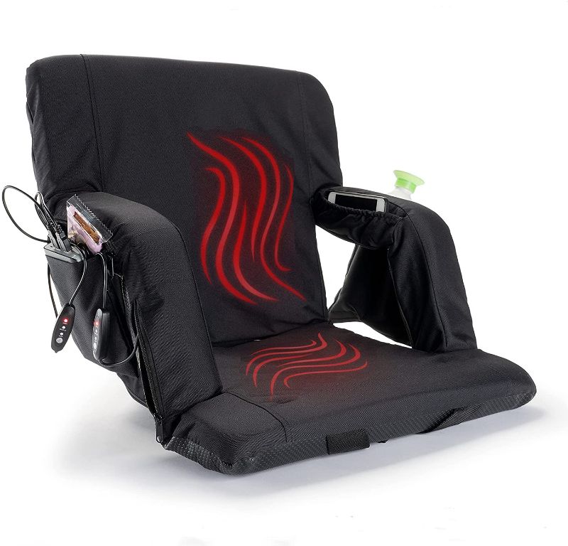 Photo 1 of  Wide Double Heated Stadium Bleacher Seat for Back and Bottom - 180 degrees Foldable Portable Chair Thick Cushion - 6 Reclining Adjustable Positions Back and Arm Support - Battery Not Included