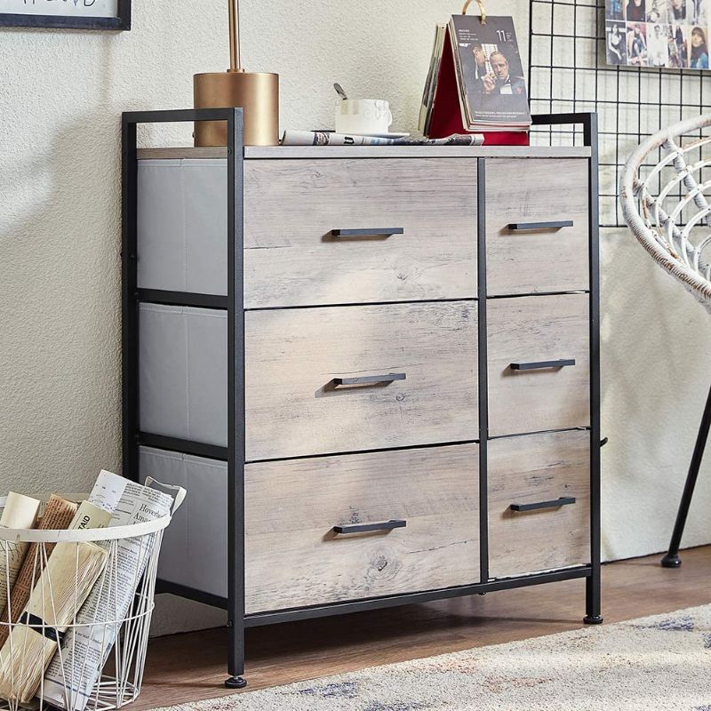 Photo 1 of 6 Drawer Dresser Wide Chest of Drawers Nightstand with Wood Top Rustic Storage Tower storage dresser Closet for Living Room, Bedroom, Hallway, Nursery, Kid