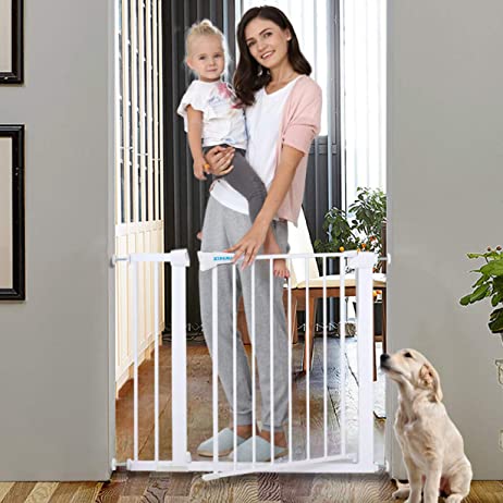 Photo 1 of Cumbor Auto Close Safety Dog Gate, Includes 4 Wall Cups, 2.75-Inch and 5.5-Inch Extension, White