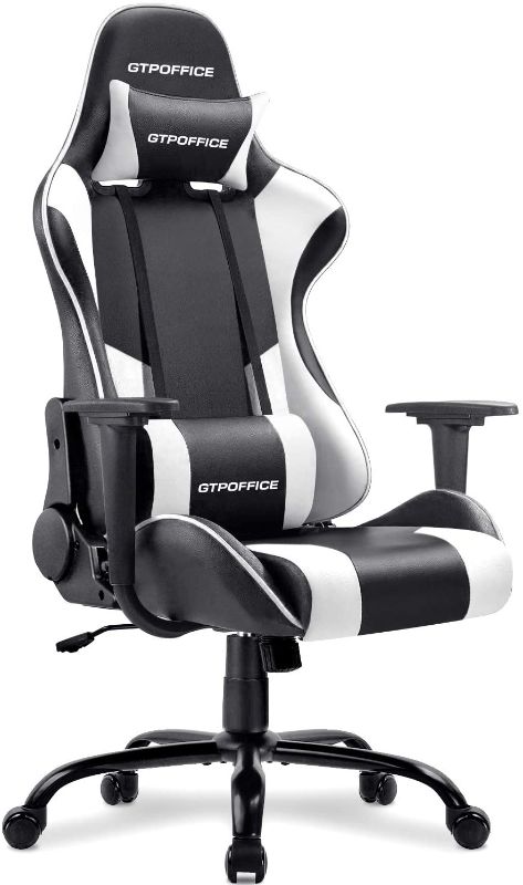 Photo 1 of Gaming Chair Massage Office Computer Chair for Adult Reclining Adjustable Swivel Leather Computer Chair High Back Desk Chair Headrest and Massage Lumbar Support Cushion,1 Pack (White)