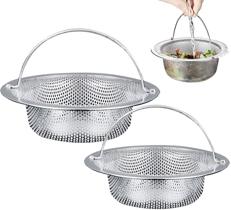 Photo 1 of 2 Pack Kitchen Sink Drain Strainer, Stainless Steel Sink Stopper, Sink Strainer Basket with Handle, Mesh Metal Sink Strainer for Kitchen Sinks, Wash Basin, Floor Drain Balcony Drain Hole
