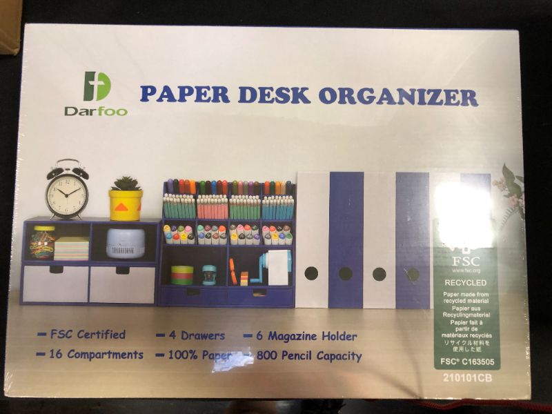 Photo 2 of Desk Organizer Set with 6 Magazine File Holder Organizer 4 Drawers & 16 Compartments - Huge Capacity Pen Holder for Home, School, Office Supplies, FSC Certified Cardboard, DIY Project, Blue
