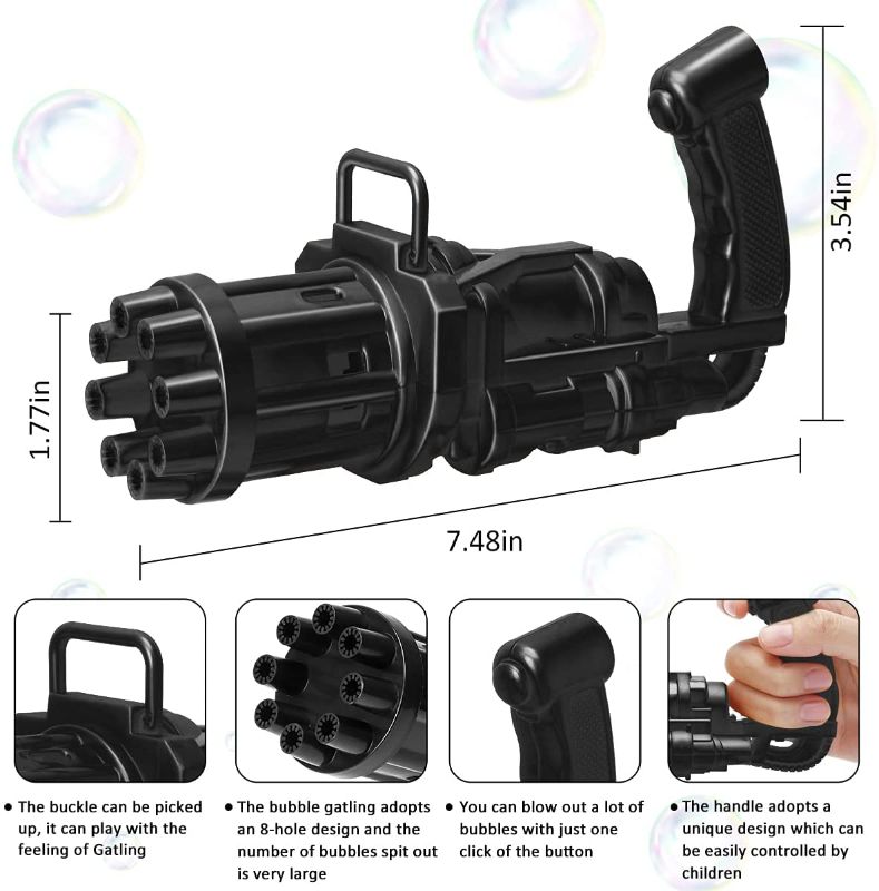 Photo 1 of Bubble Gun, Bubble Gatling Gun 8 Holes with Multiple Bubbles, Free 10 Packs of Bubble Water, Children's Outdoor Toys (Black)
