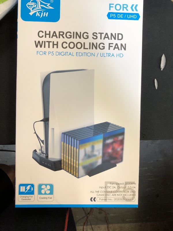 Photo 2 of PS5 Stand with Cooling Fan and Dual Controller Charger Station for PS5 Console Playstation 5 Disc&Digital Edition?Charging Dock Station with 14 Game Slots and 3 USB Ports
