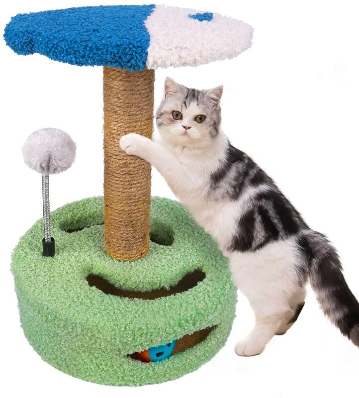 Photo 1 of Cat Tree Scratching Post: Natural Sisal Cat Tower with Tomato/Fried Egg/Fish Carpeted Base Perch and Plush Ball Condo for Small Cats Kittens
