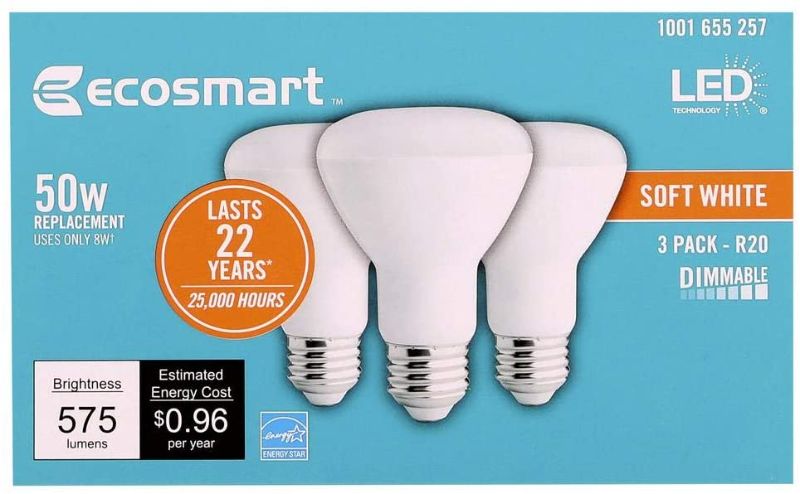 Photo 1 of (3-pack) EcoSmart BR20 Soft White LED, Dimmable, 575-Lumen, 2700K, 8-Watt (50-Watt Equivalent) Light Bulb, E26 Medium Base
