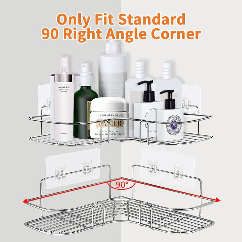 Photo 1 of 2-Pack Corner Shower Caddy Shelf, Wall Mounted Shower Bathroom Shelf with 4 Hooks, 8 Pack Adhesives, Stainless Steel Rustproof Shower Rack, Storage Organizer for Bathroom, Dorm and Kitchen (Silver)
