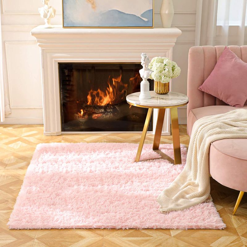 Photo 1 of BAYKA Fluffy Machine Washable Area Rug Indoor Ultra Soft Shag Area Rug Bedroom or Dorm Room, Non-Slip Floor Carpet for Kids Home Decor Nursery Rug 4x5.3 Feet Pink
