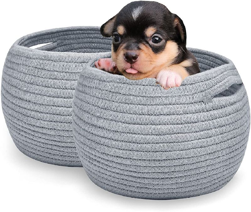 Photo 1 of XMWEALTHY Small Cotton Rope Basket for Dog Toy & Cat Toy Bins Set of 2 Round Baskets for Storage and Organizing Gray Baskets Towel Plant 9.5" W x 6.5" H
