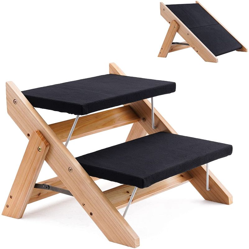 Photo 1 of HSCCGI 2 in-1 Wooden Pet Stairs, Foldable Dog Stairs with 2 Levels, Dog Stairs with Non-Slip Fabric, Portable Pet Ladder for Low Beds and Cars Up to 150 Pounds (Black)
