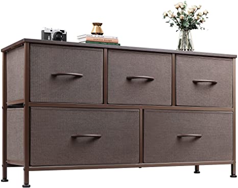 Photo 1 of WLIVE Dresser with 5 Drawers, Dressers for Bedroom, Fabric Storage Tower, Hallway, Entryway, Closets, Sturdy Steel Frame, Wood Top, Easy Pull Handle
