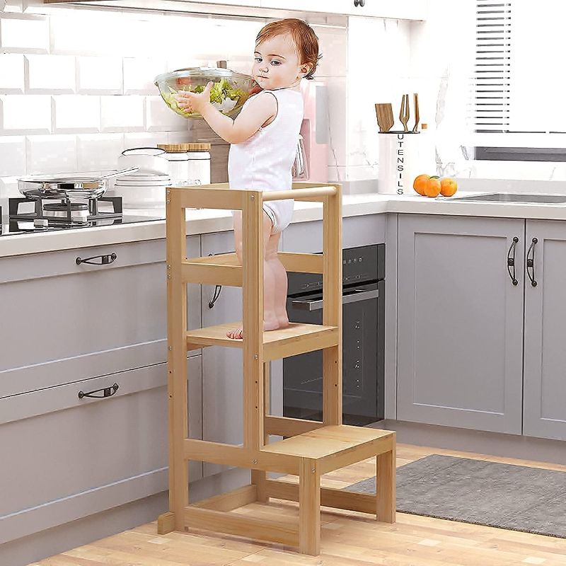 Photo 1 of AMBIRD Toddler Step Stool, 3 Adjustable Height Kitchen Step Stool for 18-48 Months Kids, Wooden Toddler Kitchen Stool with Rail & Non-Slip Mat for Kitchen & Bathroom Sink (Natural Color)
