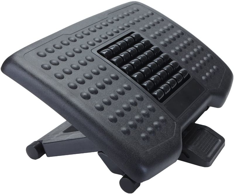 Photo 1 of 2 PACK Mind Reader Adjustable Height Ergonomic Foot Rest with Massage Rollers, Black, BROKEN PLASTIC PIECE, 
