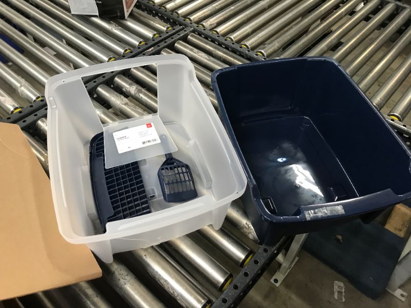 Photo 1 of IRIS USA, Hooded Cat Litter Box with Grate and Scoop, Navy