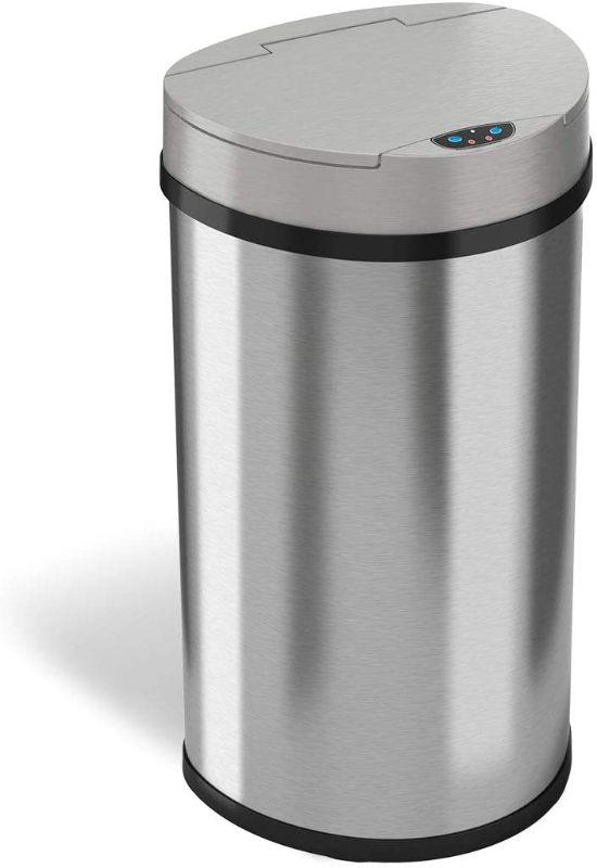 Photo 1 of iTouchless 13 Gallon Sensor Kitchen Trash Can with Odor Control System, Stainless Steel Semi-Round Extra-Wide Opening Touchless Automatic Garbage Bin
