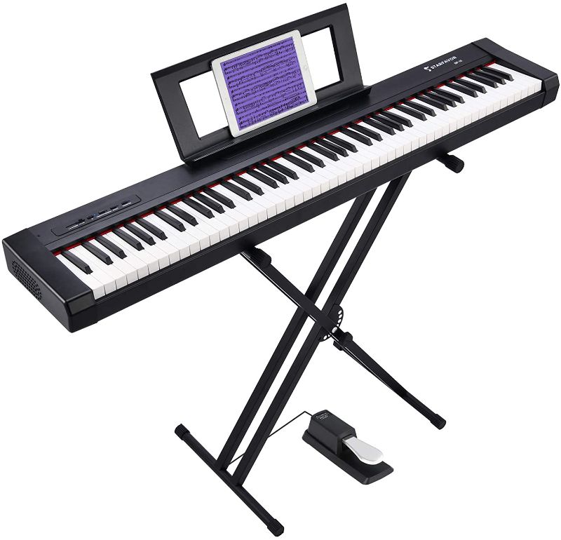 Photo 1 of Starfavor 88 Key Digital Piano Beginner Electric Keyboard Full Size with Semi Weighted Keys Dual 30W Speakers SP-10 Bundle include Sustain Pedal, Power Supply, Stand, Piano Stickers
