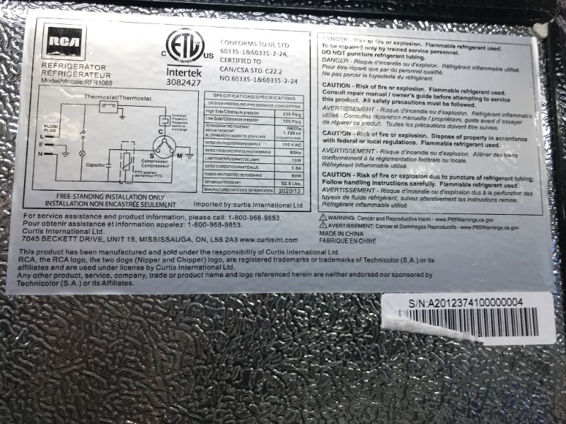 Photo 1 of RCA RFR1089 2 Door Apartment Top Freezer Refrigerator