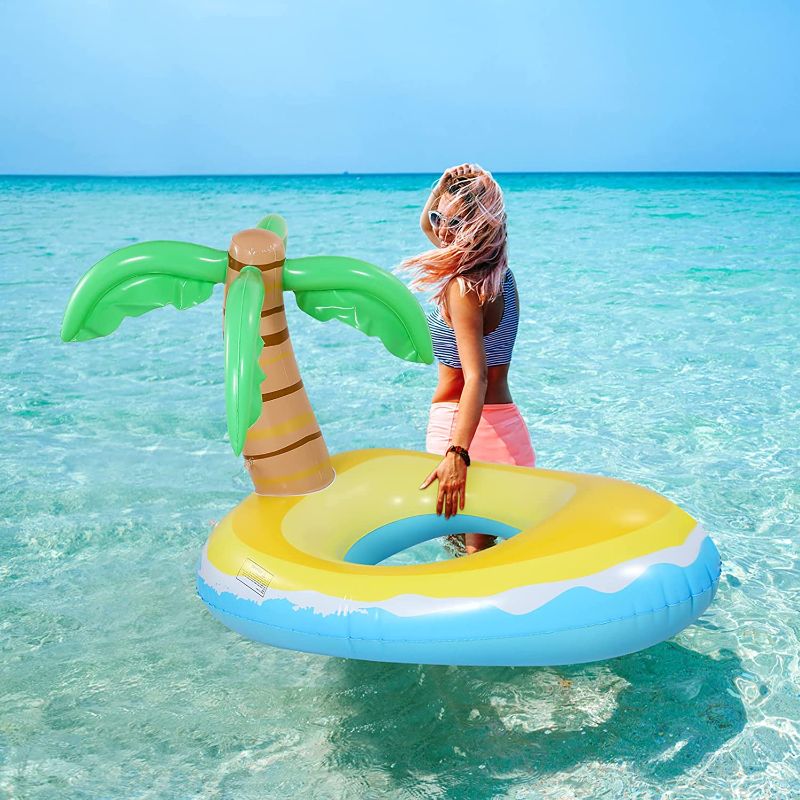 Photo 2 of CLISPEED 4ft Inflatable Pool Floaty,Coconut Tree Pool Raft with 2 Fast Inflate Values Repair Patches Ride On Pool Float Swim Ring Summer Beach Water Toys for Kids Adults-Passed SGS Testing
