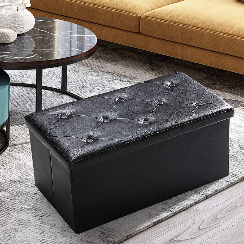 Photo 1 of ASLIFE Ottoman Bench Foot Rest Stool Chest with Foam Memory Padded Seat Tufted, Holds Up to 350lb, 30 Inches Faux Leather, Black
