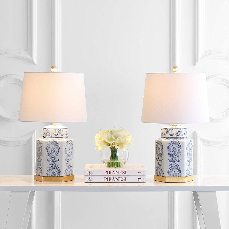 Photo 1 of Safavieh Lighting Collection Bodin Blue/White 23-inch Bedroom Living Room Home Office Desk Nightstand Table Lamp (Set of 2) - LED Bulbs Included
