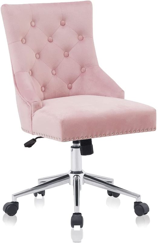 Photo 1 of Home Living Room Chair Velvet Office Chair Button Tufted Accent Mid-Back Computer Desk Chairs Wheels and Arms Adjustable Height Swivel Task Chair for Study Bedroom (Pink)
