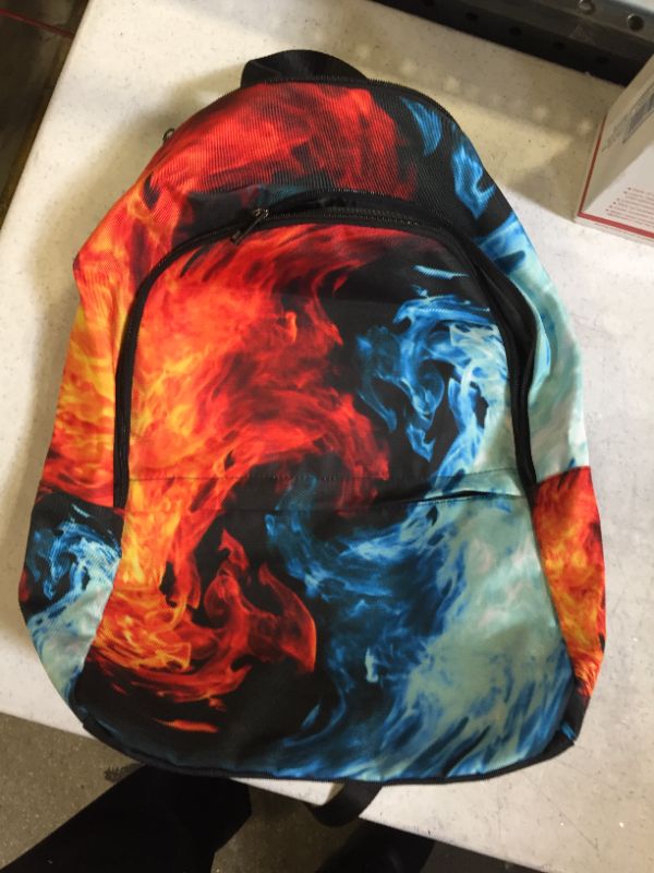 Photo 1 of backpack color black red and blue flames themed 