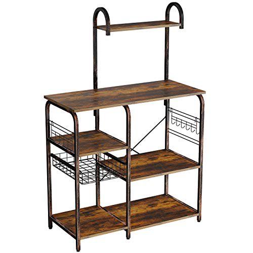 Photo 1 of  Kitchen Baker's Rack, Large Capacity Utility Storage Shelf, Microwave Stand with 7 Shelves and 12 Hooks, Foldable Pull Basket, Stable Retro Metal Frame
