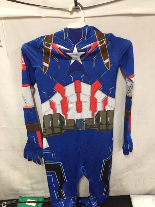 Photo 1 of BOYS COSTUME CAPTAIN AMERICA ONSIE WITH HANDS AND FEET COVERED INCLUDED NO SHIED COSTUME ONLY UNKNOWN SIZE POSSIBLY MEDIUM OR LARGE 