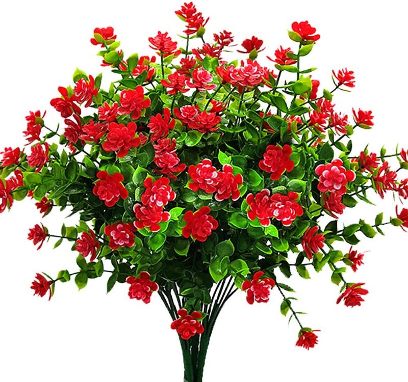 Photo 1 of Artificial Flowers, Fake Outdoor UV Resistant Plants Faux Plastic Greenery Shrubs Indoor Outside Hanging Planter Home Kitchen Office Wedding Garden Decor (Red)
