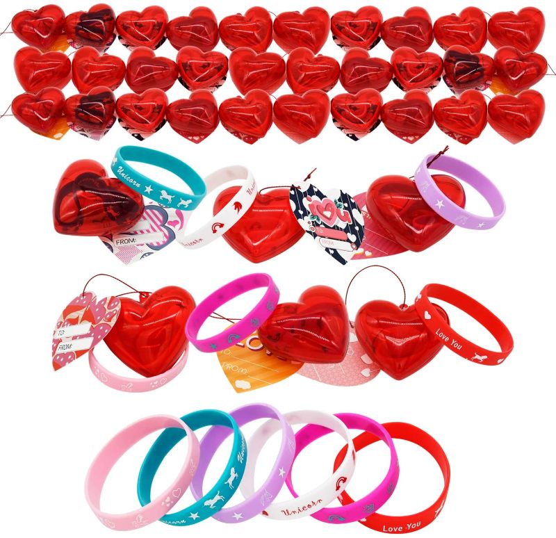 Photo 1 of 28 Pcs Kids Valentines Party Favors Set include 30 Silicon Rubber Bands Wristbands Filled Hearts and 30 Valentines Day Cards for Classroom Exchange Party Favor