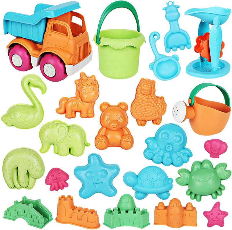 Photo 1 of Auney 23 PCS Beach Toys Sand Toys Set for Kids, Sand Wheel, Dump Truck, Bucket, Rakes, Watering Can, Animal and Castle Sand Molds
