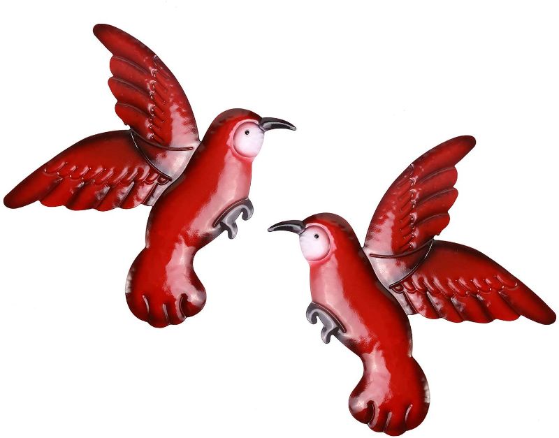 Photo 1 of  Metal Hummingbird Wall Decor Outdoor Garden Fence Patio Art,Hanging Decorations for Living Room,Set of 2,Red 15.5 x 9.8 inch