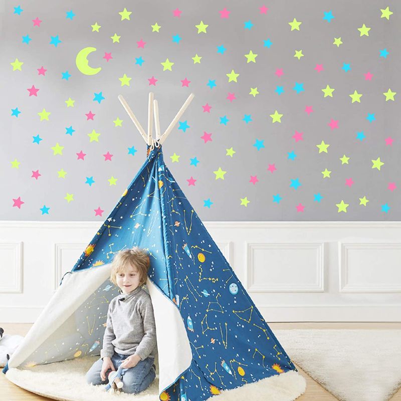 Photo 1 of Glow in The Dark Stars for Celling, 150pcs Colorful Glowing Stars Wall Decor Plastic Stars Wall Sticker and A Moon, Removable Stars Murals Decoration for Kids Girls Room Decor
