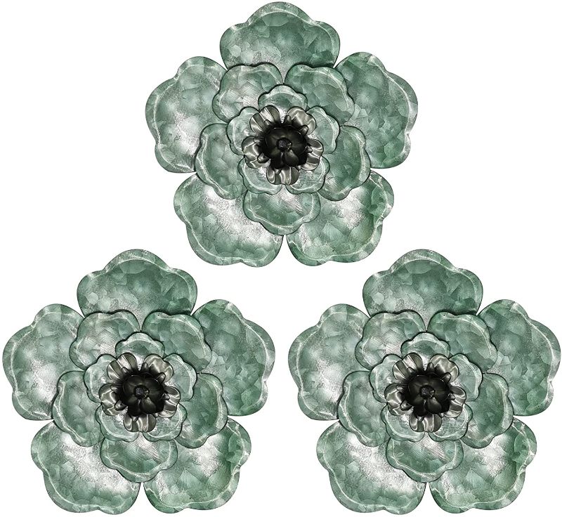 Photo 1 of 8 Inch Metal Flower Wall Decor Multiple Layer Wall Art for Indoor Outdoor Home Bedroom Living Room Office Set of 3 (Green)
