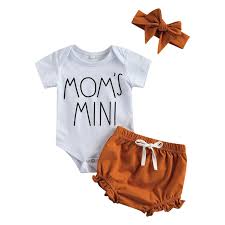 Photo 1 of 2021 Fashion Newborn Baby Clothes Baby Romper Letter Top+Shorts Headband 3Pc