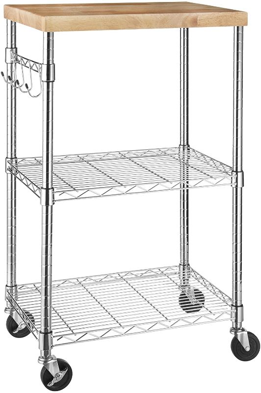 Photo 1 of Amazon Basics Kitchen Rolling Microwave Cart on Wheels, Storage Rack, Wood/Chrome & 5-Shelf Shelving Storage Unit on