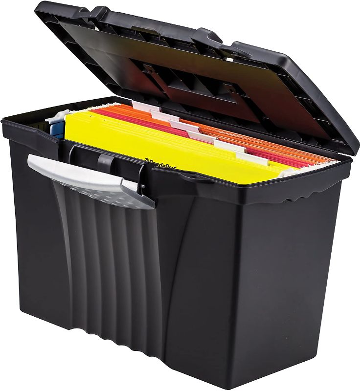 Photo 1 of File Box with Organizer Lid – Plastic Office File Storage Box for Letter and Legal Hanging Folders, 17.13 x 9.63 x 11 Inches, Black,