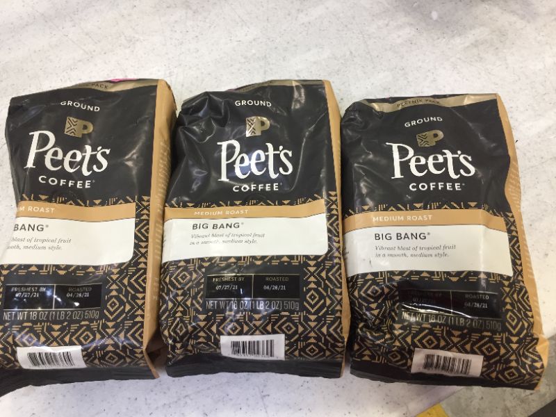 Photo 2 of 3 BAGS OF Peet's Coffee Coffee, Ground, Medium Roast, Big Bang, Peetnik Pack - 18 oz
FRESHEST BY DATE 7/27/2021