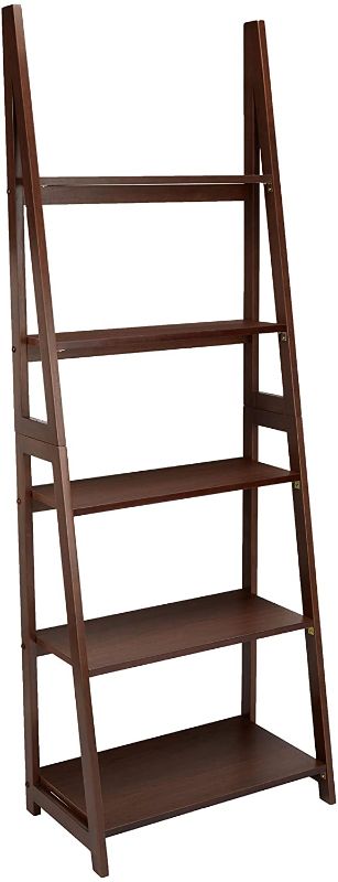 Photo 1 of Amazon Basics Modern 5-Tier Ladder Bookshelf Organizer with Solid Rubber Wood Frame, Walnut
