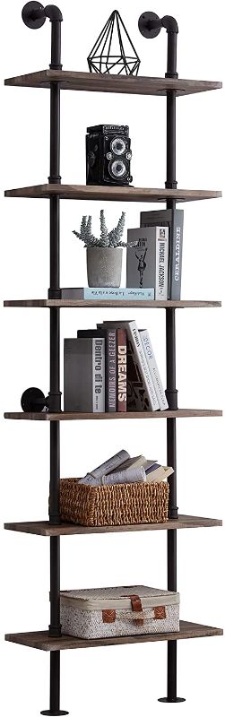 Photo 1 of Hombazaar Industrial Bookshelf 6-Tier Modern Ladder Shelf, Vintage Metal Pipes and Wood Shelves, Rustic Display Bookshelf for Storage Collection,Retro Brown
