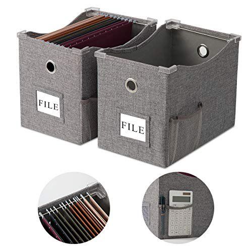 Photo 1 of Collapsible File Box Storage Organizer Letter size [2 PACK] Decorative Linen Hanging File Boxes with Handles Office File Storage Box Metal Sliding Rail for Document Storage (Gray