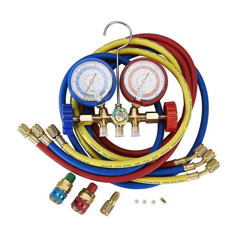 Photo 1 of 5FT AC Diagnostic Manifold Freon Gauge Set Fits for R134A R12, R22, R502, with Couplers, Acme Adapter for Car A/C System Automotive Air Conditioning Maintenance
