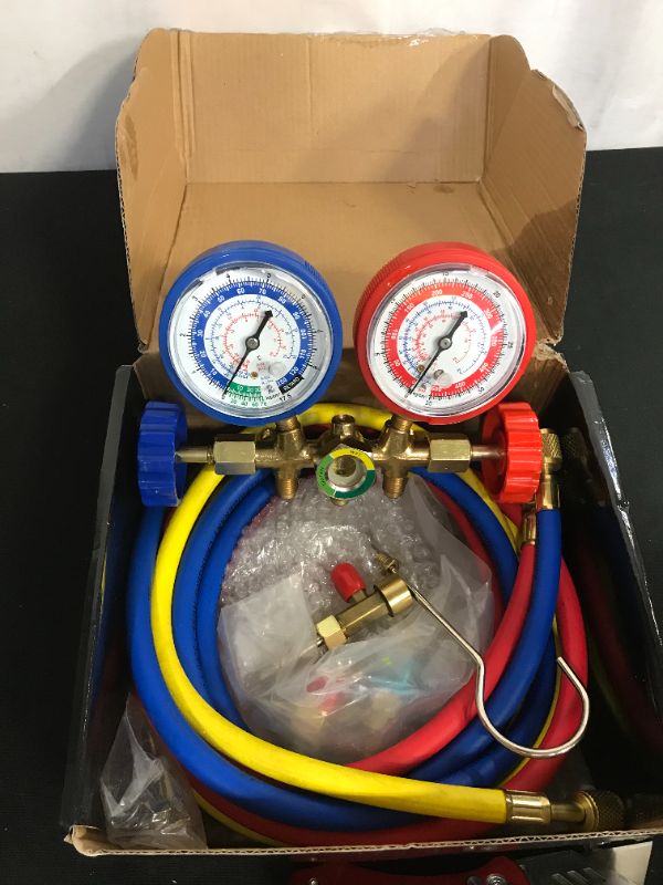 Photo 2 of 5FT AC Diagnostic Manifold Freon Gauge Set Fits for R134A R12, R22, R502, with Couplers, Acme Adapter for Car A/C System Automotive Air Conditioning Maintenance
