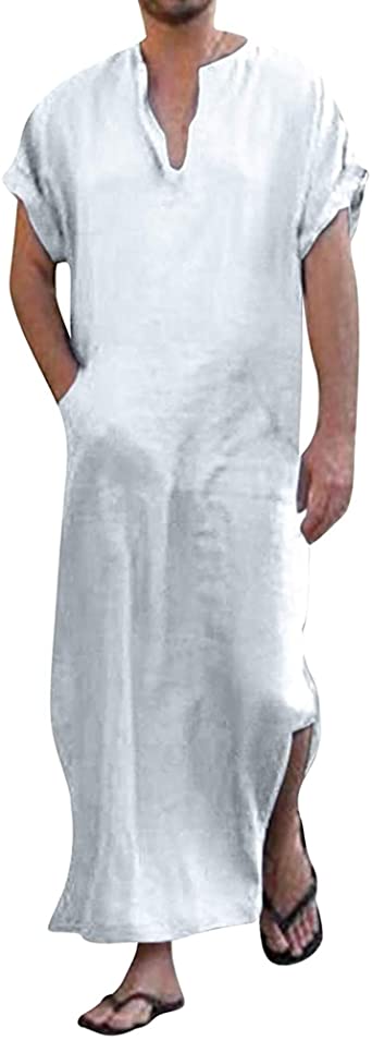 Photo 1 of YAOHUOLE Men's Kaftan Thobe V Neck Short Sleeve Side Split Long Gown Robe with Pockets White L
