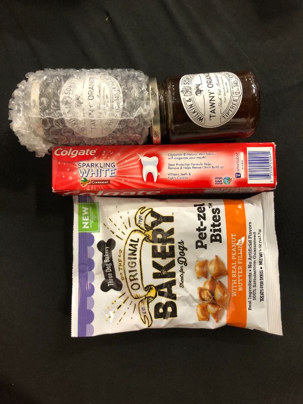 Photo 1 of 2 pack of Wilkin & Sons Preserve, TipTree Orange, 12 Oz, one Colgate Sparkling White Whitening Toothpaste, Cinnamint - 6.0 Ounce, and one Three Dog Bakery Crunchy Pet-zel Bites with Peanut Butter Filling, Premium Treats for Dogs, 5 Ounce Pack