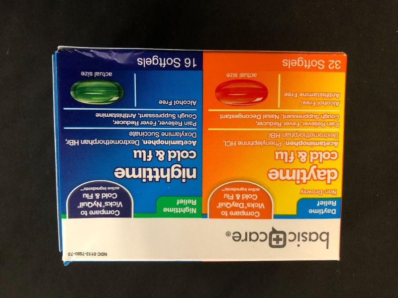 Photo 1 of Amazon Basic Care Cold Flu Relief Multi-Symptom Daytime Night time Combo Pack Softgels; Cold Medicine